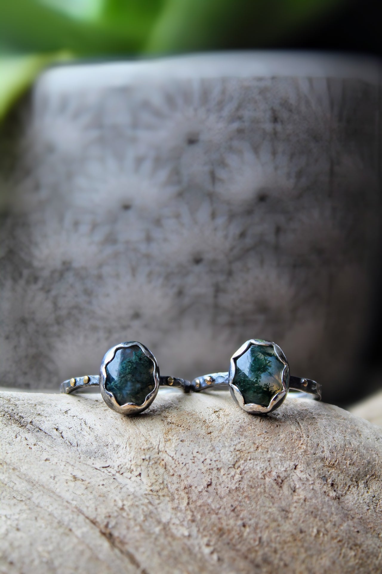 Rustic Moss Agate Ring, Thin Band