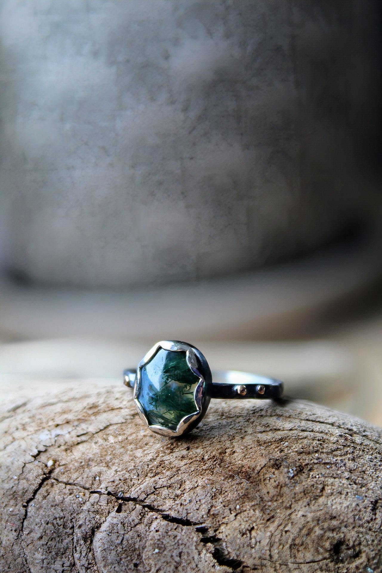 Rustic Moss Agate Ring, Thin Band