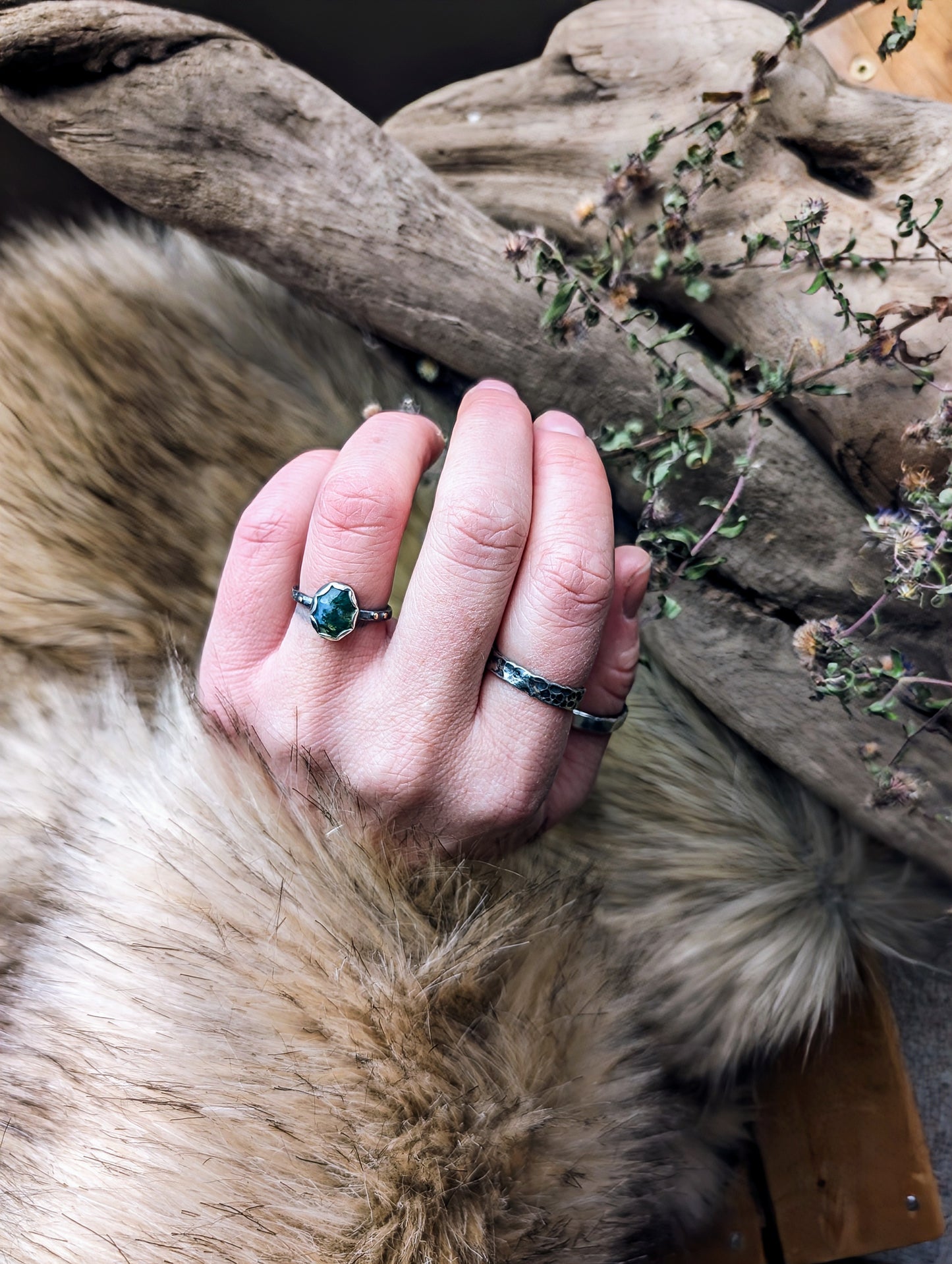 Rustic Moss Agate Ring, Thin Band