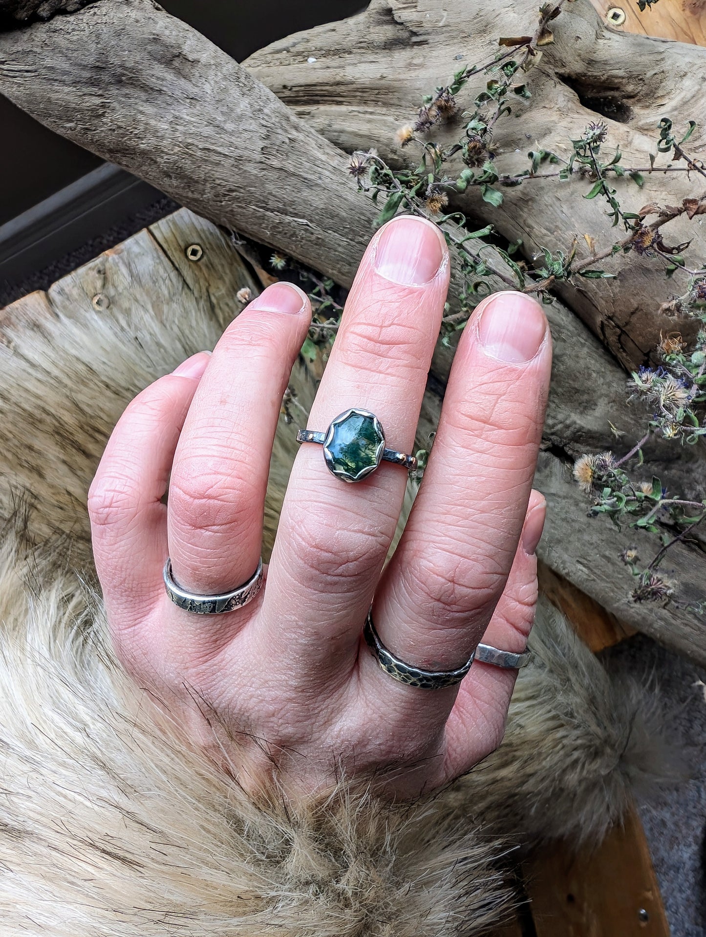 Rustic Moss Agate Ring, Thin Band