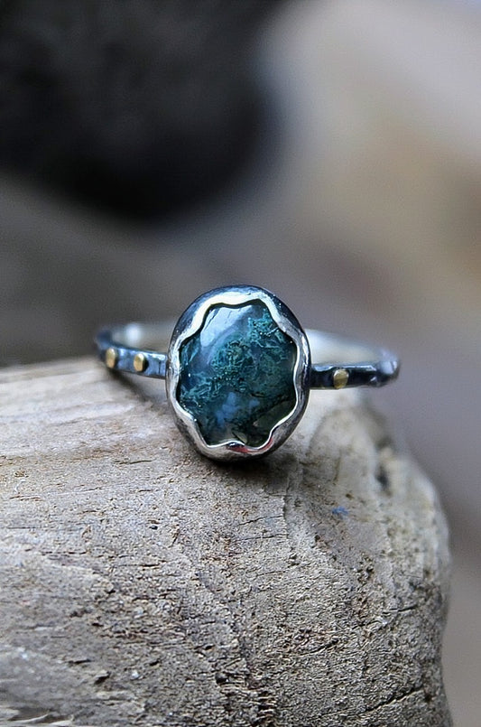 Rustic Moss Agate Ring Thin Band