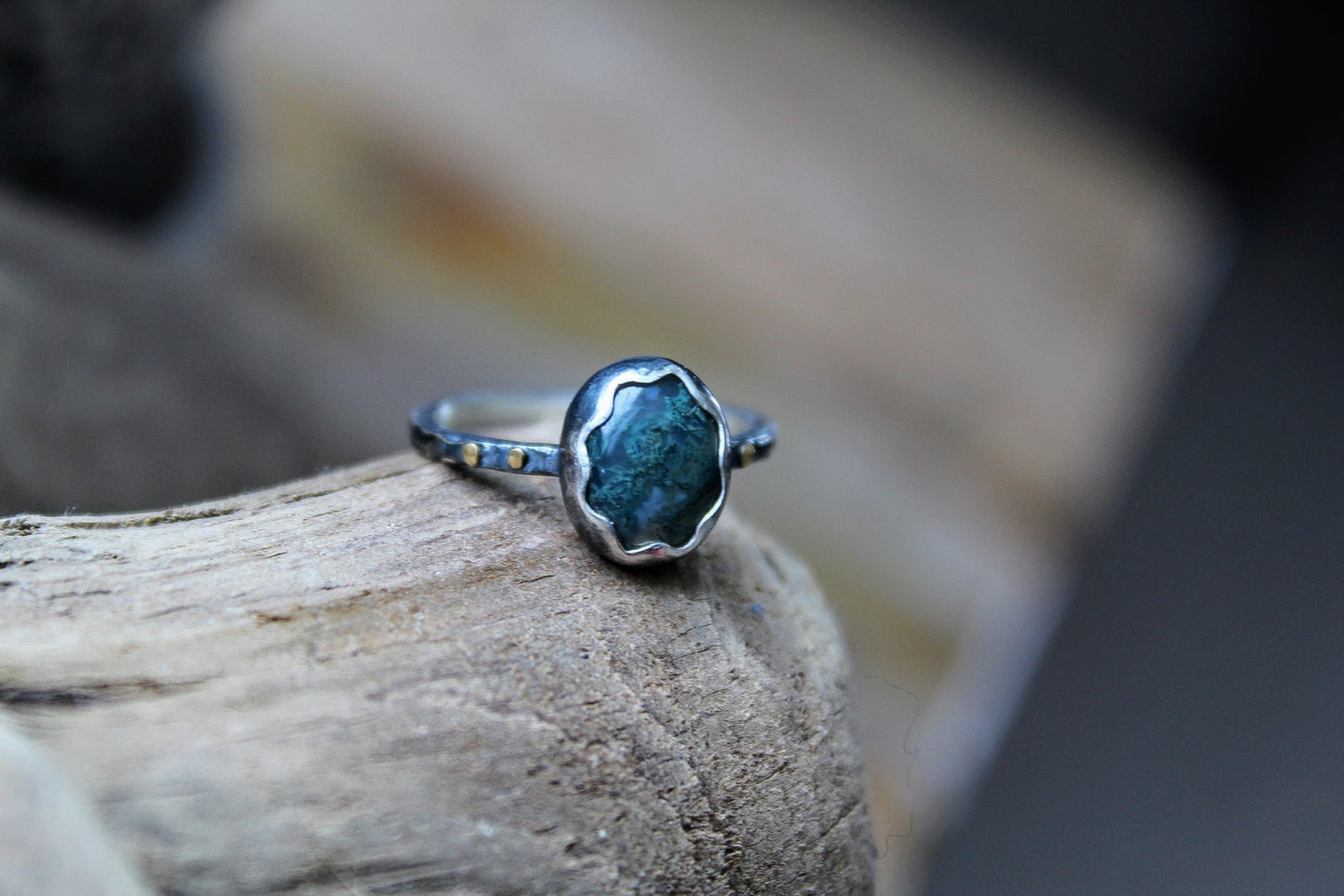 Rustic Moss Agate Ring Thin Band