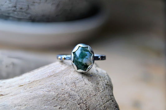 Rustic Moss Agate Ring, Thin Band