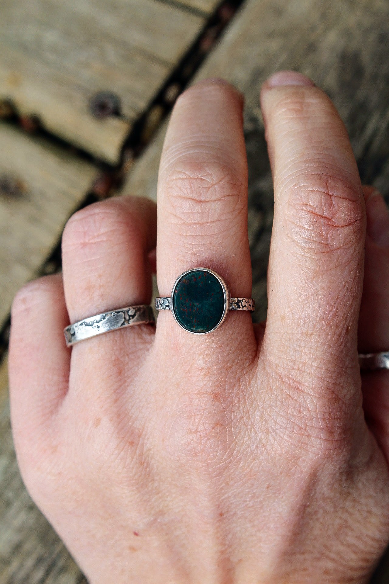 Bloodstone Jasper Ring with a Stamped Floral Band