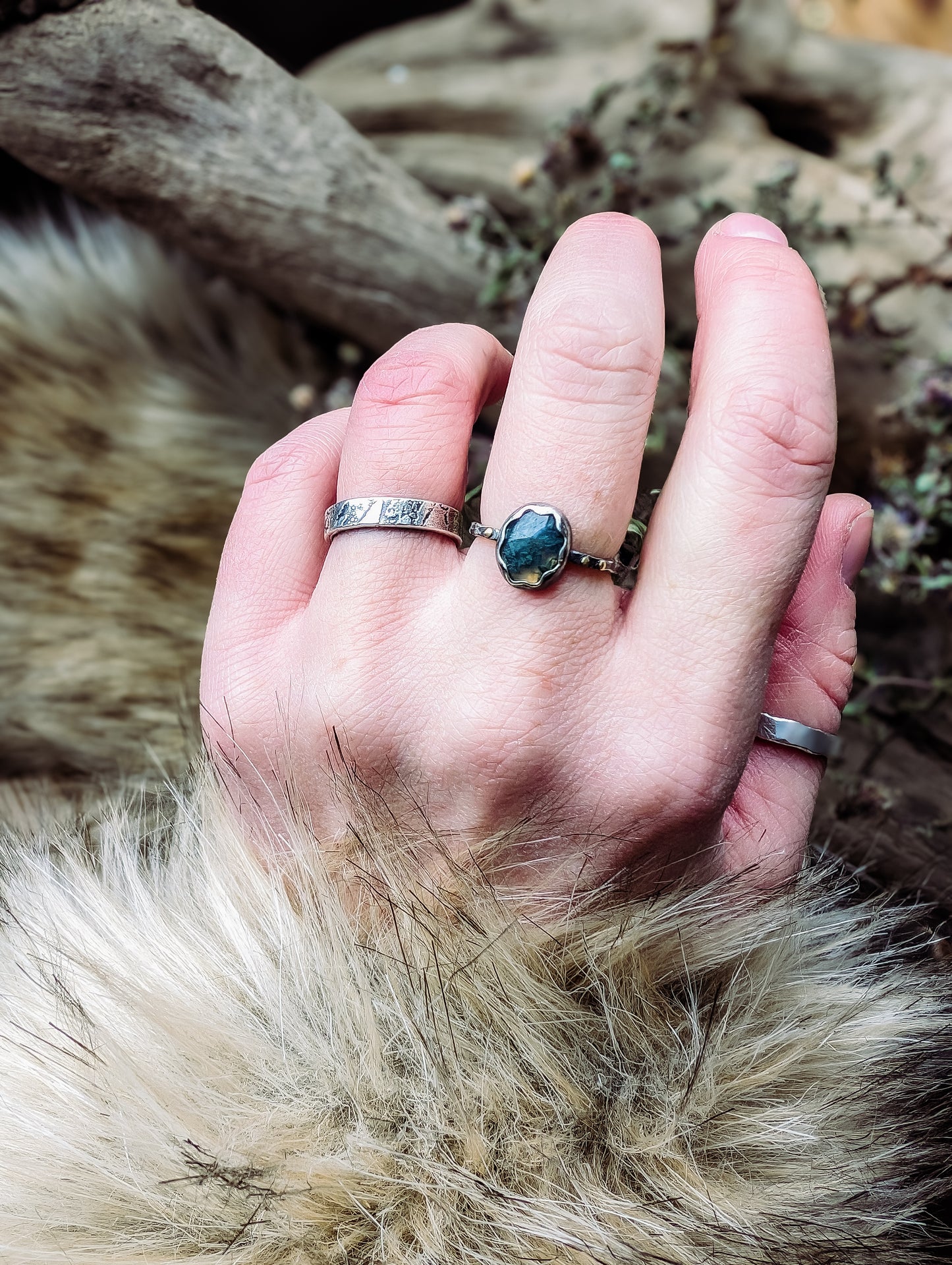 Rustic Moss Agate Ring Thin Band