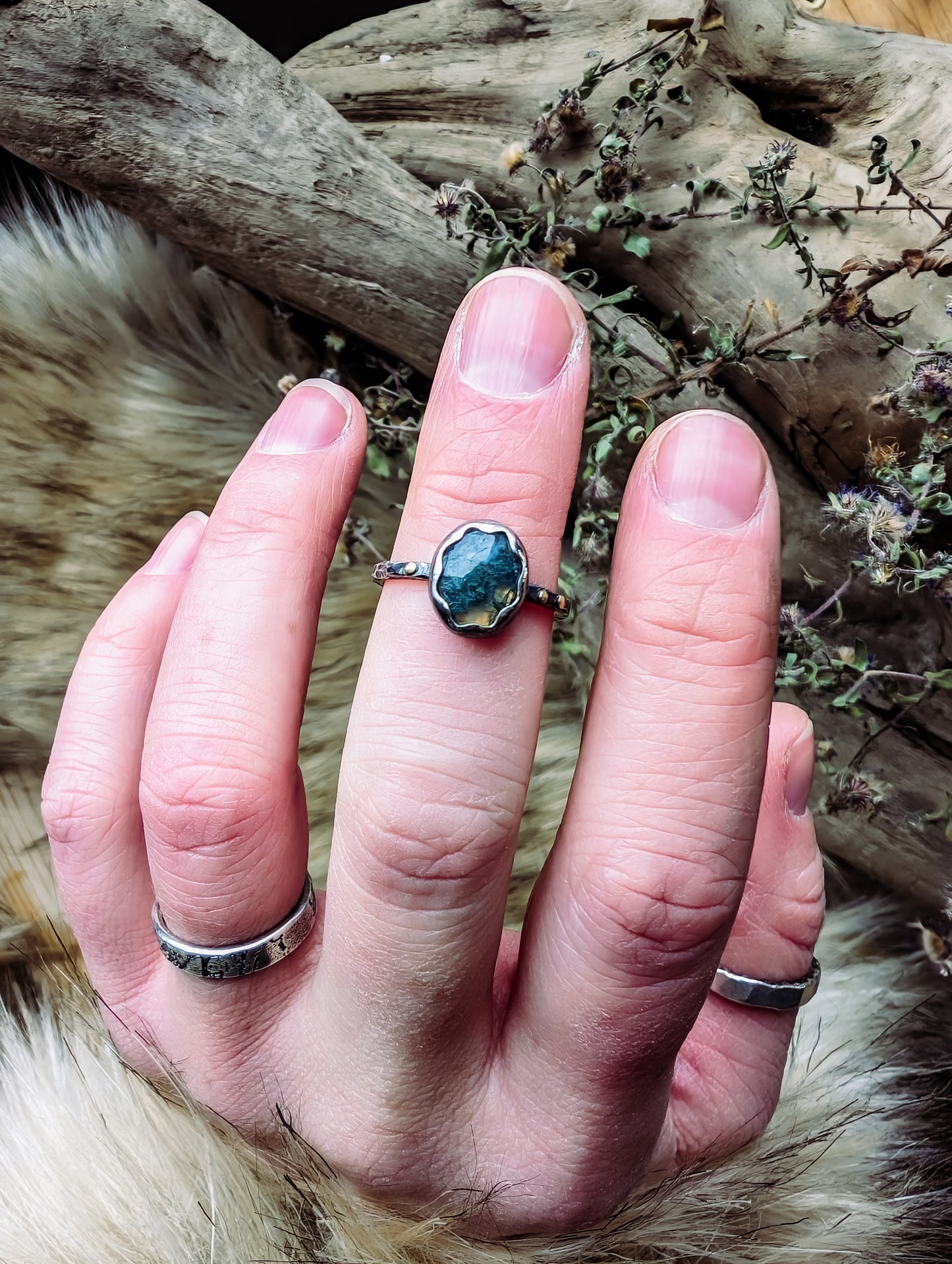 Rustic Moss Agate Ring Thin Band